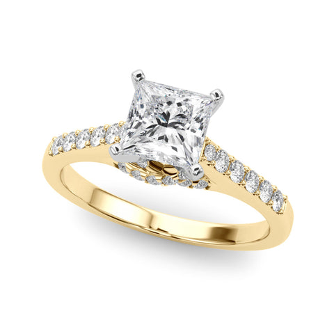 Yellow gold Round Solitaire Diamond Ring with Pavé Band and Four-Prong Setting