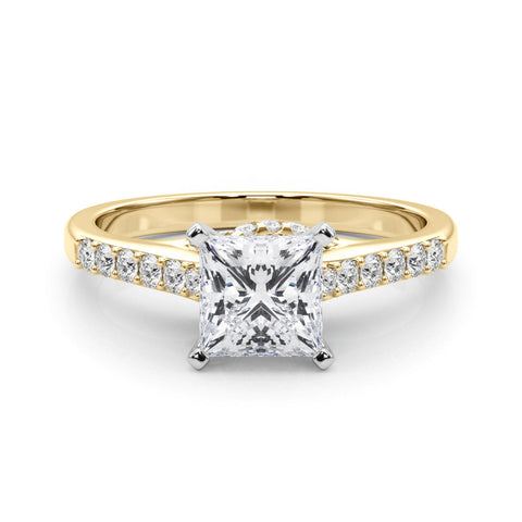Yellow gold Round Solitaire Diamond Ring with Pavé Band and Four-Prong Setting