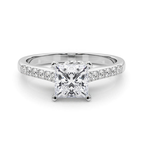 Platinum Oval Solitaire Diamond Ring with Pavé Band and Four-Prong Setting