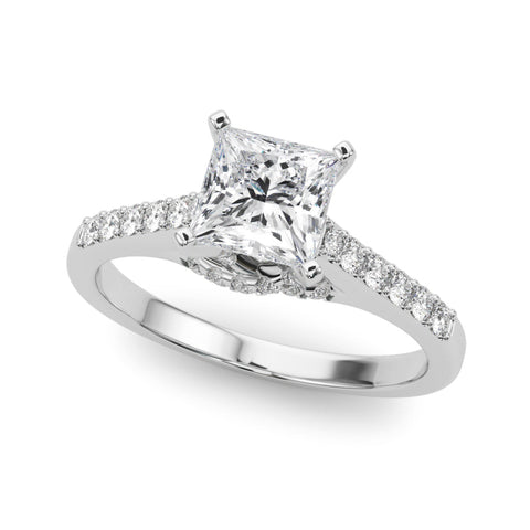 Silver Heart Solitaire Diamond Ring with Pavé Band and Four-Prong Setting