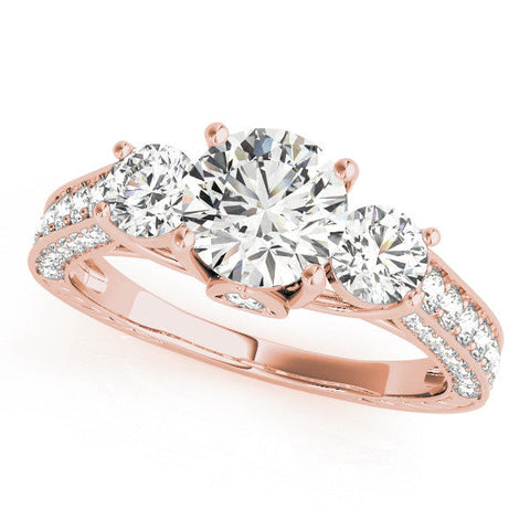 Rose gold Three-Stone Round Cut Diamond Engagement Ring with Split Shank and Prong Setting