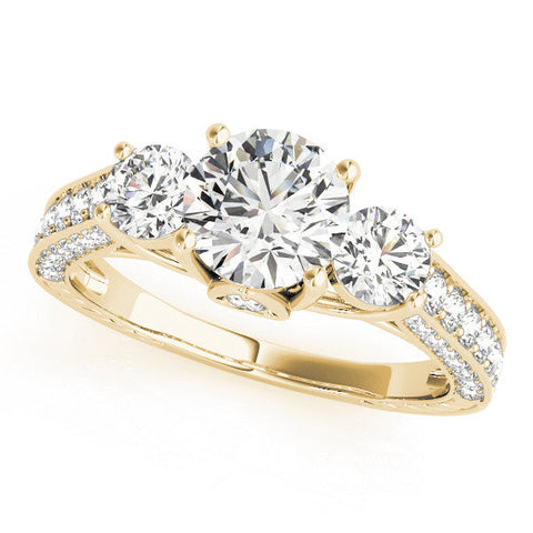 Yellow gold Three-Stone Round Cut Diamond Engagement Ring with Split Shank and Prong Setting