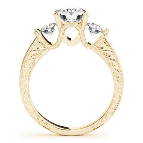 Yellow gold Three-Stone Round Cut Milgrain Pave Band Prong Setting Ring