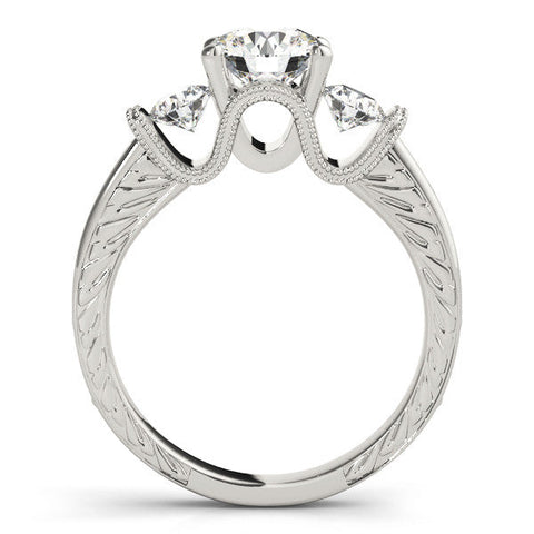 Platinum Three-Stone Round Cut Milgrain Pave Band Prong Setting Ring
