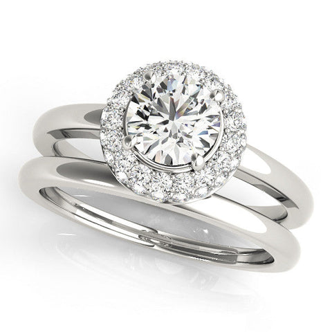 Silver Round Halo Diamond Engagement Ring with Solitaire Band and Four-Prong Setting