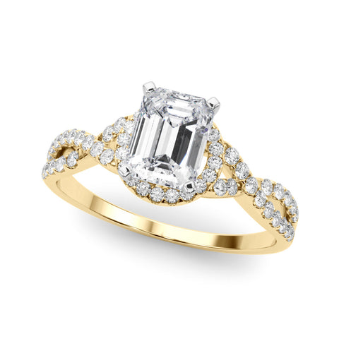 Yellow gold Emerald Halo Twist Band Solitaire Prong Setting Ring