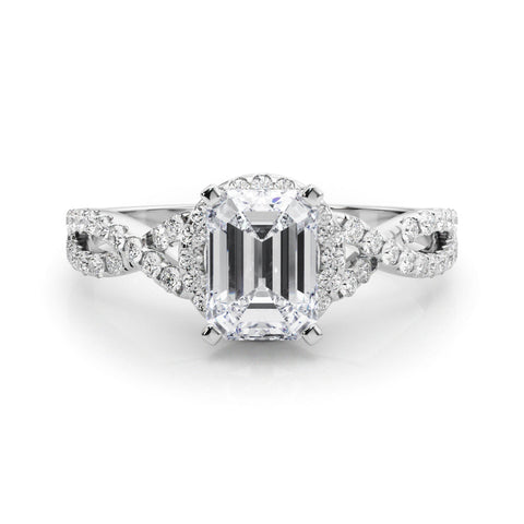 White gold Emerald Halo Twist Band Solitaire Prong Setting Ring