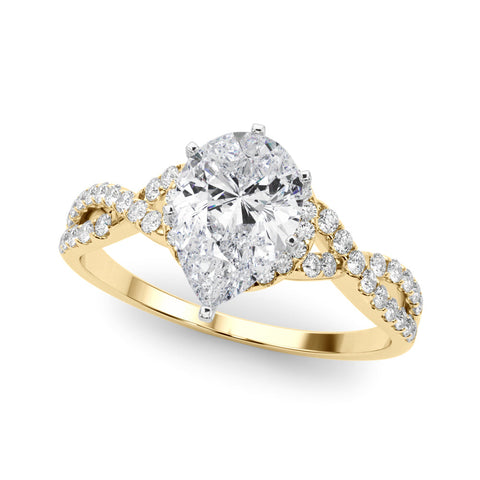Yellow gold Pear Halo Twist Band Solitaire Prong Setting Ring