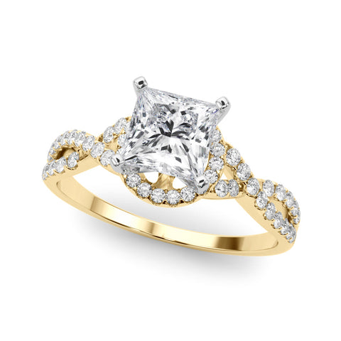 Yellow gold Princess Halo Twist Band Solitaire Prong Setting Ring