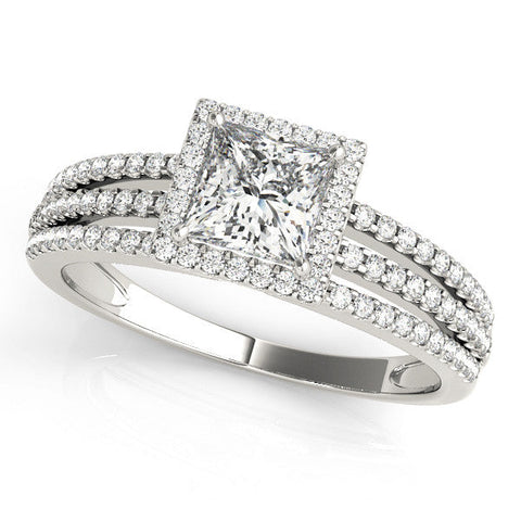 Platinum Princess Cut Halo Diamond Engagement Ring with Split Shank and Four-Prong Setting