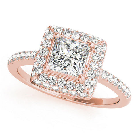 Rose gold Princess Cut Halo Pavé Solitaire Ring with Four-Prong Setting