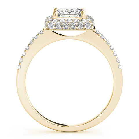 Yellow gold Princess Cut Halo Pavé Solitaire Ring with Four-Prong Setting