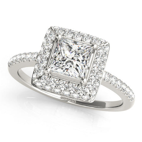 White gold Princess Cut Halo Pavé Solitaire Ring with Four-Prong Setting