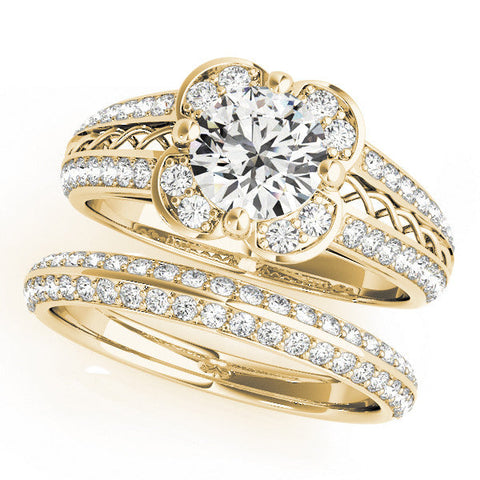 Yellow gold Round Diamond Floral Halo Split Shank Engagement Ring