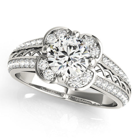 Platinum Round Diamond Floral Halo Split Shank Engagement Ring
