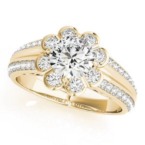 Yellow gold Round Brilliant Flower Halo Diamond Split Shank Ring