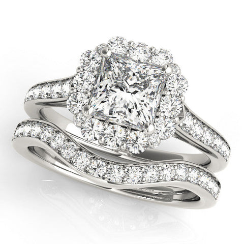 White gold Princess Cut Halo Diamond Engagement Ring with Pave Band and Four-Prong Setting