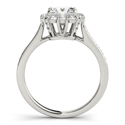 White gold Princess Cut Halo Diamond Engagement Ring with Pave Band and Four-Prong Setting