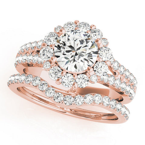 Rose gold Round Halo Split Shank Diamond Engagement Ring with Pave Band and Four-Prong Setting