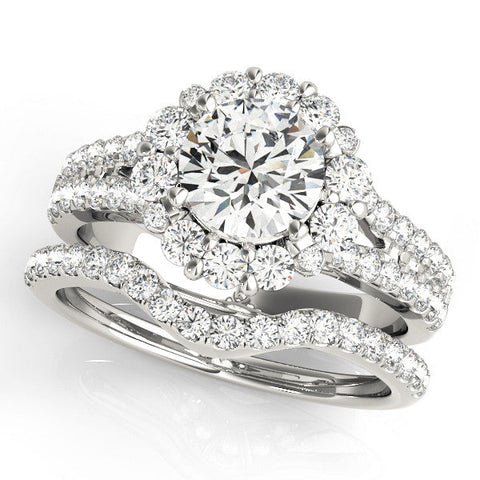 White gold Round Halo Split Shank Diamond Engagement Ring with Pave Band and Four-Prong Setting