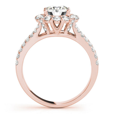 Rose gold Round Halo Split Shank Diamond Engagement Ring with Pave Band and Four-Prong Setting