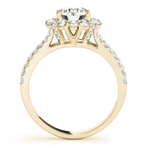 Yellow gold Round Halo Split Shank Diamond Engagement Ring with Pave Band and Four-Prong Setting