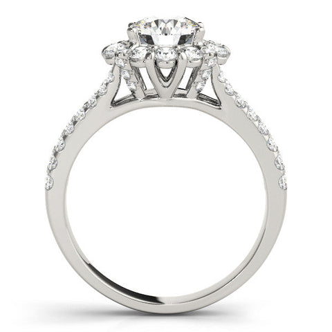 White gold Round Halo Split Shank Diamond Engagement Ring with Pave Band and Four-Prong Setting