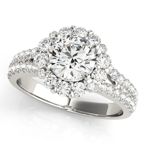 White gold Round Halo Split Shank Diamond Engagement Ring with Pave Band and Four-Prong Setting