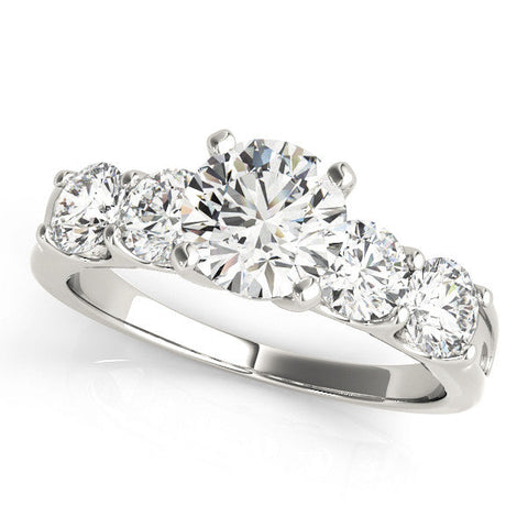 White gold Emerald Brilliant Diamond Five-Stone Engagement Ring with Prong Setting on a Classic Band