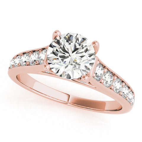 Rose gold Round Brilliant Cut Diamond Engagement Ring with Pavé Band and Four-Prong Setting