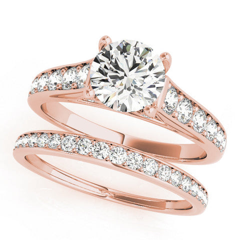 Rose gold Emerald Brilliant Cut Diamond Engagement Ring with Pavé Band and Four-Prong Setting