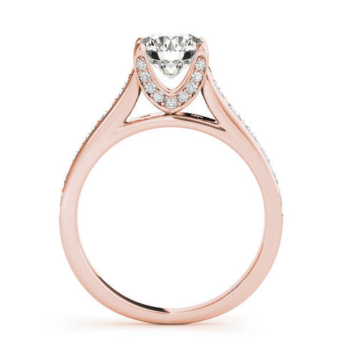 Rose gold Round Brilliant Cut Diamond Engagement Ring with Pavé Band and Four-Prong Setting
