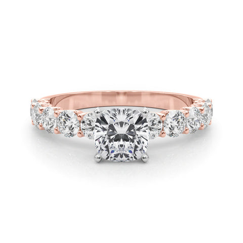 Rose gold Cushion Diamond Prong Setting with Side Stones on a Pave Band