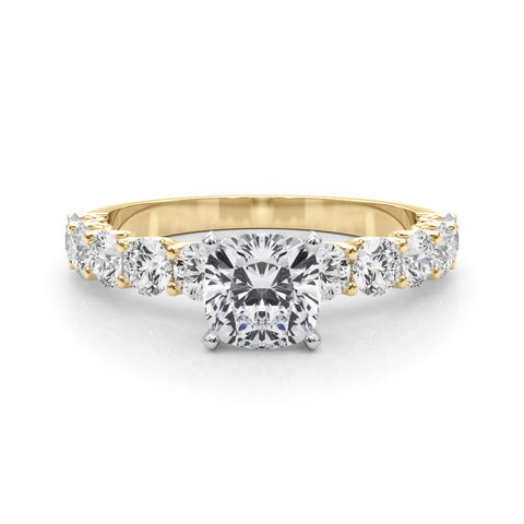 Yellow gold Cushion Diamond Prong Setting with Side Stones on a Pave Band