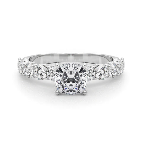 White gold Cushion Diamond Prong Setting with Side Stones on a Pave Band
