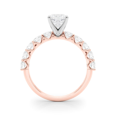 Rose gold Cushion Diamond Prong Setting with Side Stones on a Pave Band