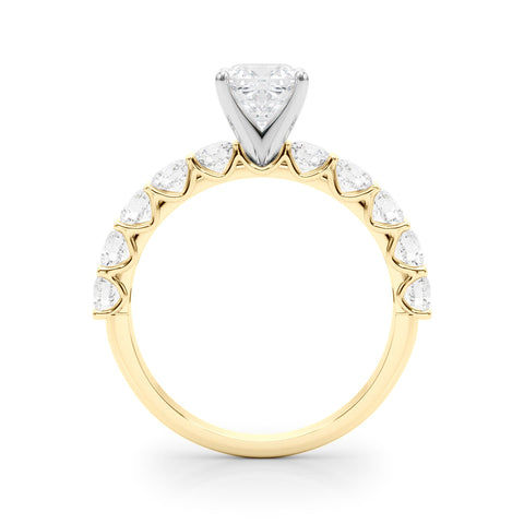 Yellow gold Cushion Diamond Prong Setting with Side Stones on a Pave Band