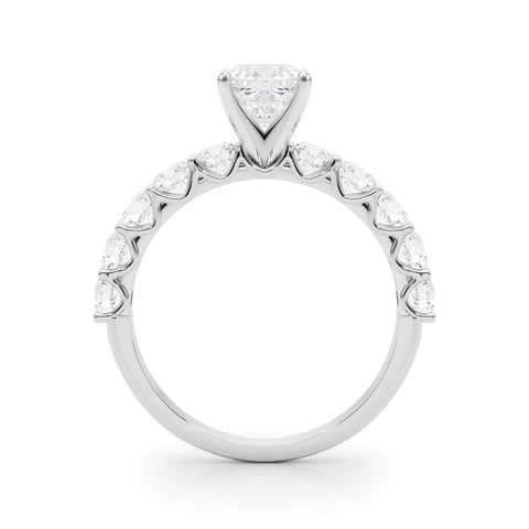 White gold Cushion Diamond Prong Setting with Side Stones on a Pave Band