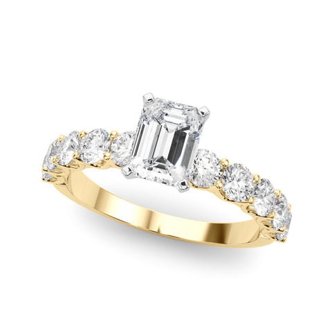 Yellow gold Radiant Diamond Prong Setting with Side Stones on a Pave Band