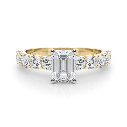 Yellow gold Radiant Diamond Prong Setting with Side Stones on a Pave Band