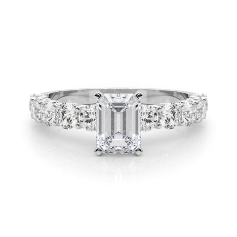Silver Radiant Diamond Prong Setting with Side Stones on a Pave Band