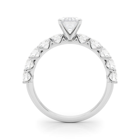 Silver Radiant Diamond Prong Setting with Side Stones on a Pave Band