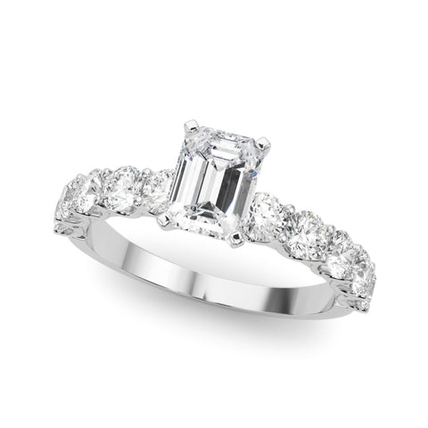 Silver Radiant Diamond Prong Setting with Side Stones on a Pave Band