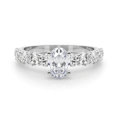 Silver Oval Diamond Prong Setting with Side Stones on a Pave Band