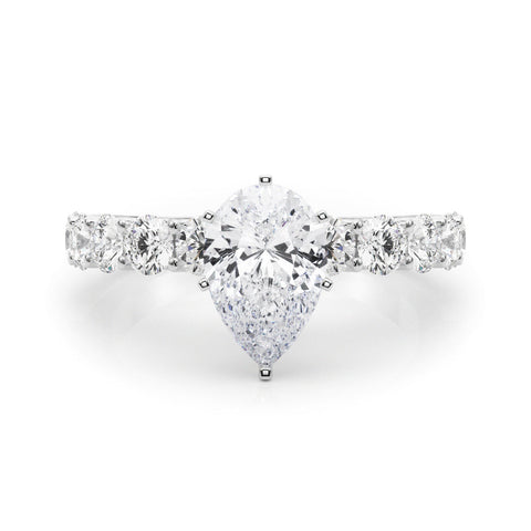Silver Pear Diamond Prong Setting with Side Stones on a Pave Band