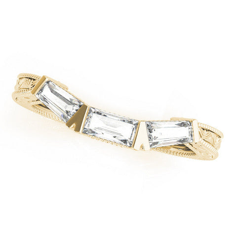 Yellow gold Baguette Cut Channel Set Milgrain Band with V-Prong Setting