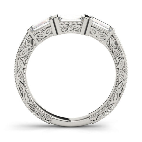 White gold Baguette Cut Channel Set Milgrain Band with V-Prong Setting