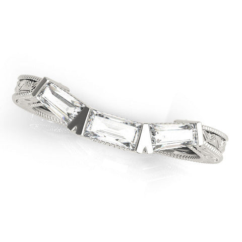 White gold Baguette Cut Channel Set Milgrain Band with V-Prong Setting