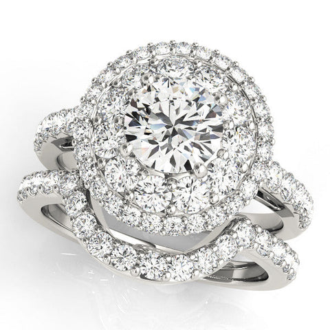 Platinum Double Halo Round Diamond Pave Split Shank Prong Setting Ring