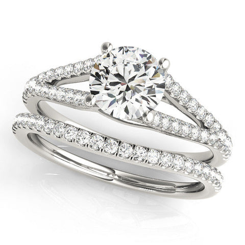 Silver Round Cut Split Shank Pave Diamond Engagement Ring with Four-Prong Setting